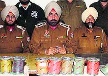 Police officials show the Chinese kite string seized from a person in Amritsar on Sunday