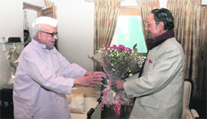 Former Chief Minister BC Khanduri meets Governor Aziz Qureshi in Dehradun on Monday. 
