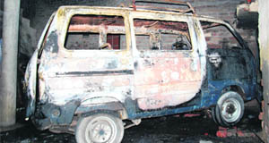 The van in which the blast occured at house in Sarkaria Patti locality in Amritsar on Tuesday.