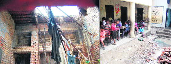 A view of collapsed roof in Government Elementary School at Sharifpura. (Right) A class is in progress at a verandah along side a pile of construction material and stagnant water in Government Elementary School in Mustafabad. 