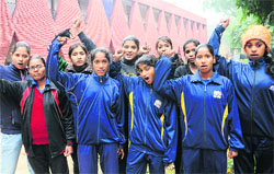 The players hold a protest outside the DEOs office at Sector 19 in Chandigarh on Tuesday. Tribune photo: Manoj Mahajan