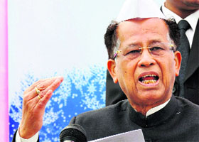 Assam CM Tarun Gogoi addresses a press conference at his residence in Guwahati on Tuesday.