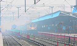A thick blanket of fog at the Chandigarh railway station