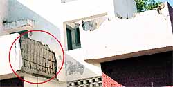 The damaged residential block at the dispensary in Maloya; (below) a bumpy entry to the dispensary at Ramdarbar in Chandigarh and garbage strewn at the dispensary in Maloya.