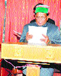 Mansa Ram takes oath of office as Protem Speaker at the Raj Bhawan in Shimla on Wednesday.