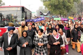 MP Paramjit Kaur Gulshan, accompanied by women from different political, religious and educational organisations, during a march in Bathinda on Thursday to demandg strict punishment for the rapists