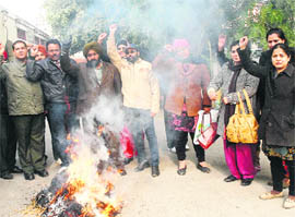 Members of the Punjab State Pharmacists Association burn an effigy of the Civil Surgeon at his office in Jalandhar on Thursday. 