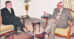 Governor NN Vohra with Germany's Ambassador to India Michael Steiner at Raj Bhawan in Jammu on Thursday. 