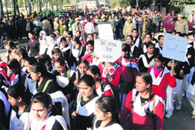 Students hold a protest against the Delhi gang rape case in Reasi on Thursday. 