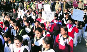 Students protest against Delhi gang rape case in Reasi on Thursday.