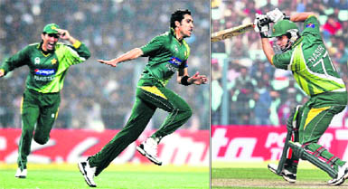 Pakistans Umar Gul celebrates the wicket of Virender Sehwag and (right) Nasir Jamshed drives during his innings of 106 in Kolkata on Thursday. 