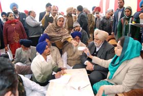 MP Harsimrat Kaur addresses a gathering during her visit to the Maur assembly constituency on Friday.