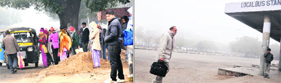 Commuters hire an auto-rickshaw at the Sector 22 bus stop; and (right) the Sector 17 local bus stand wears a deserted look as CTU buses remained off road due to a strike by the CTU Workers Union in Chandigarh on Friday. 