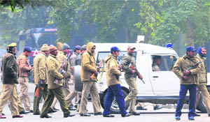 High security in place outside the district courts at Sector 17 in Chandigarh on Friday. 