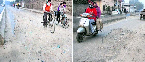 Damaged roads of the Guru Nanak Pura rail crossing pose threat and inconvenience to commuters in Jalandhar.