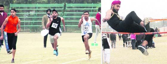 Students of various colleges participate in the 43rd Annual Inter-College Athletics Meet (men and women) of Guru Nanak Dev University; and (right) a student participates in the high jump event in Amritsar on Friday.