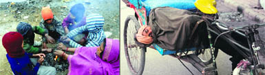 Children sit by a bonfire and (right) a rickshaw puller takes a nap on a chilly day in Amritsar on Saturday.
