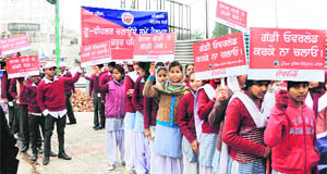 Schoolchildren take out a traffic awareness rally in Amritsar on Saturday. 