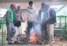 People gather around bonfire to beat the chill in Jammu on Saturday.