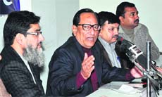 CII president YV Sharma addressing mediapersons in Jammu on Saturday. 
