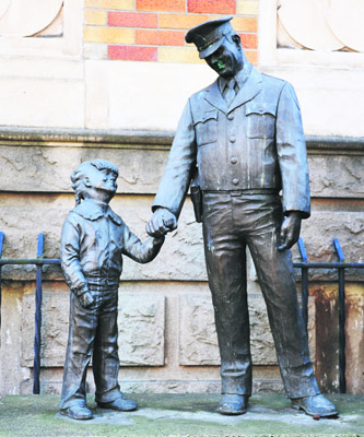 A sculpture outside an old morgue which is now the Police Museum