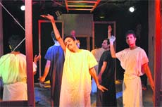 A scene from the play Bohraan staged at Natrang Studio Theatre in Jammu on Sunday. 