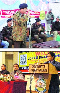 (Top) DIG (traffic) Jammu Shakeel Beigh in Rajouri; (above) a student speaks at a symposium on road safety organised by Motor Vehicle Department and University of Jammu. 