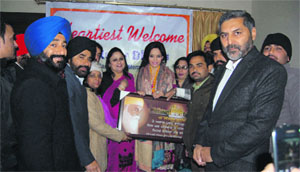 Former Canada MP Ruby Dhalla being honoured by Phagwara residents on Saturday. 