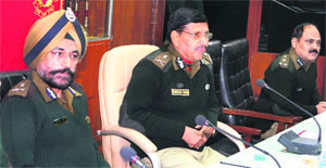 Subhash Joshi, Director General, BSF, Himmat Singh ADG, BSF Headquarters, SDG, Chandigarh, and JP Uniyal, DIG (PSO) Punjab during a visit to Jalandhar on Sunday.