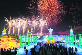 Icy wonderland: Fireworks explode over ice sculptures during the official opening of the 29th Harbin International Ice and Snow Festival in northeast Chinas Heilongjiang province