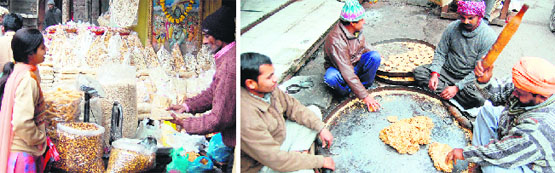 Piles of winter snacks, including gachak, peanuts, rewari at traditional Bharbhunjeya bazaar; and (right) workers prepare gur ki gachak in Amritsar on Monday.