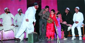 Members of the Sparsh Theatre Society enacting a play penned by Bhishm Sahni, in Abohar on Sunday evening.