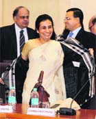 ICICI Bank managing director Chanda Kochhar and representatives of financial institutions during the pre-budget meeting in New Delhi on Monday. 