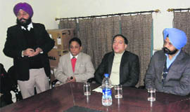 Officials of the the Mohali District Legal Service Authority hold a meeting of patwaris in Kharar on Monday. 