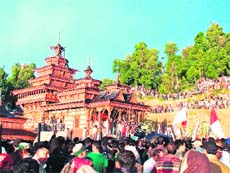 A palanquin of Mahasu Devta being taken out in the Chakrata region in Dehradun on Monday.