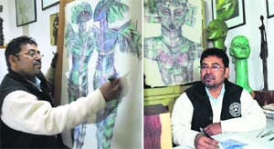 Artist Basudeb Biswas with his works at his studio in Jalandhar.