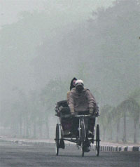 A rickshaw puller makes his way through a thick blanket of fog in Ludhiana on Monday. 