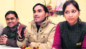Newly elected office-bearers of the state NSUI address a press conference in Dehradun on Tuesday.