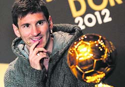 Argentinas Lionel Messi, named the FIFA player of the year for the fourth year in a row, at the FIFA awards ceremony in Zurich on Monday night.