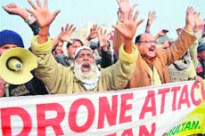 Demonstrators raise anti-US slogans during a protest in Multan on Tuesday against the drone attacks in Pakistans tribal areas. 