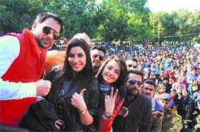 Star cast of Sadi Love Story during the promotion of their film at Panjab University in Chandigarh on Wednesday