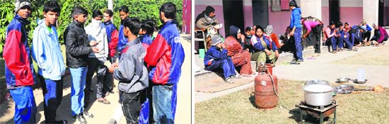Manager of the Gujarat team (in black jacket) distributes cash among players for their meals; and (right) food being cooked in the open at Government Model Senior Secondary School, Sector 37-B, in Chandigarh on Wednesday