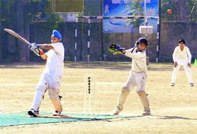 A batsman hits the ball during a cricket match at St Soldier’s School, Sector 28, in Chandigarh on Wednesday