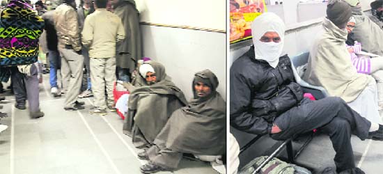 Patients sit on the floor in the new OPD at the PGI; and (right) a patient sits on a damaged row of chairs