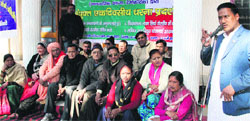 Members of the UKD hold a demonstration in Dehadun on Wednesday. Tribune photo : Vinod Pundir