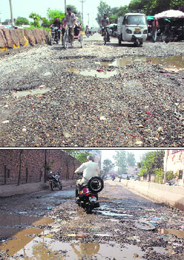 The dilapidated stretch between Ladowali Road and the Guru Nanak Pura road in Jalandhar