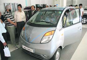 A Nano car on display at a showroom in Jammu