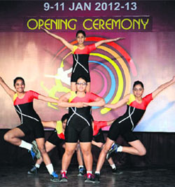 A team in action during the CBSE National Aerobics Championship in Amritsar on Thursday.