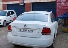 The Volkswagen Vento car, that the accused were driving, parked outside the Kotwali police station where a case was booked against the son of an SGPC member.