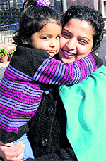 A woman in a jubilant mood after her daughter got admission to the school in Sector 32, Chandigarh, on Thursday